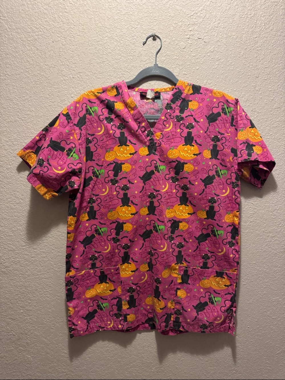 Women's Pink Halloween Print V-Neck Scrub Top